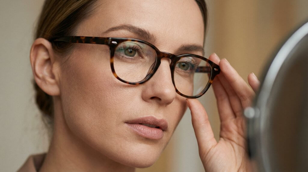 Eine Frau mit Havanna-Brille richtet ihre Arbeitsplatzbrille und blickt nachdenklich in ihr Spiegelbild