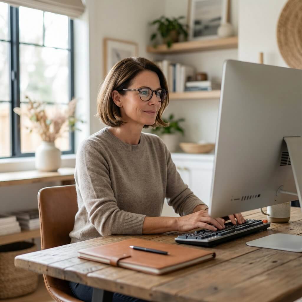 Eine Frau mit Brille arbeitet konzentriert am Desktop-Computer im Homeoffice und sucht nach Brillen kaufen für den perfekten Look