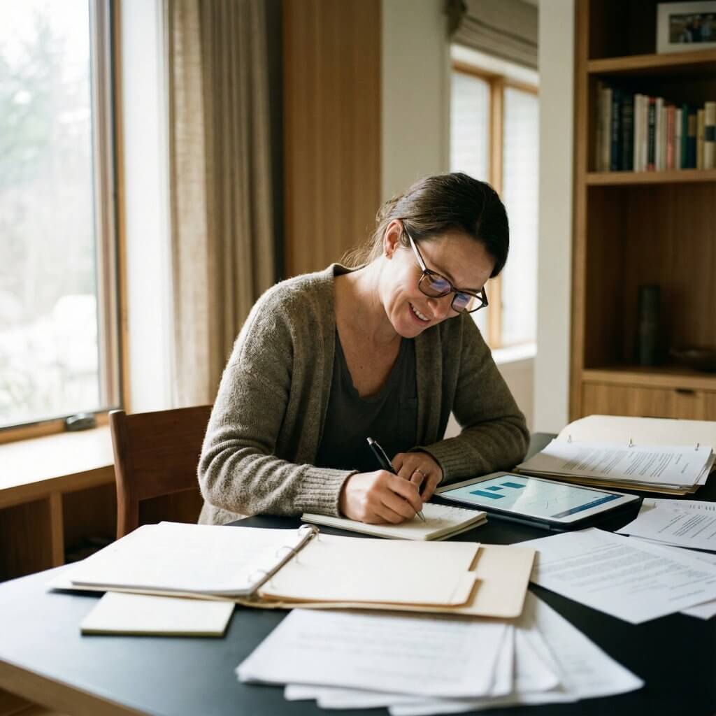Eine Frau mit Lesebrille sitzt lächelnd am Fenster, schreibt auf Papier, vor ihr liegen Unterlagen und ein Tablet