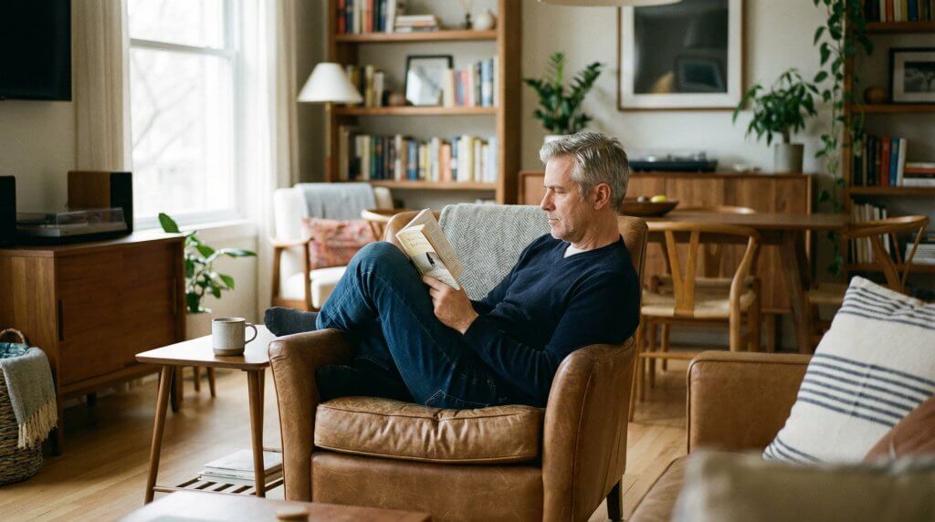 Ein Mann mit Lesebrille liest entspannt in einem gemütlichen Sessel, neben ihm eine Tasse und im Hintergrund Bücherregale