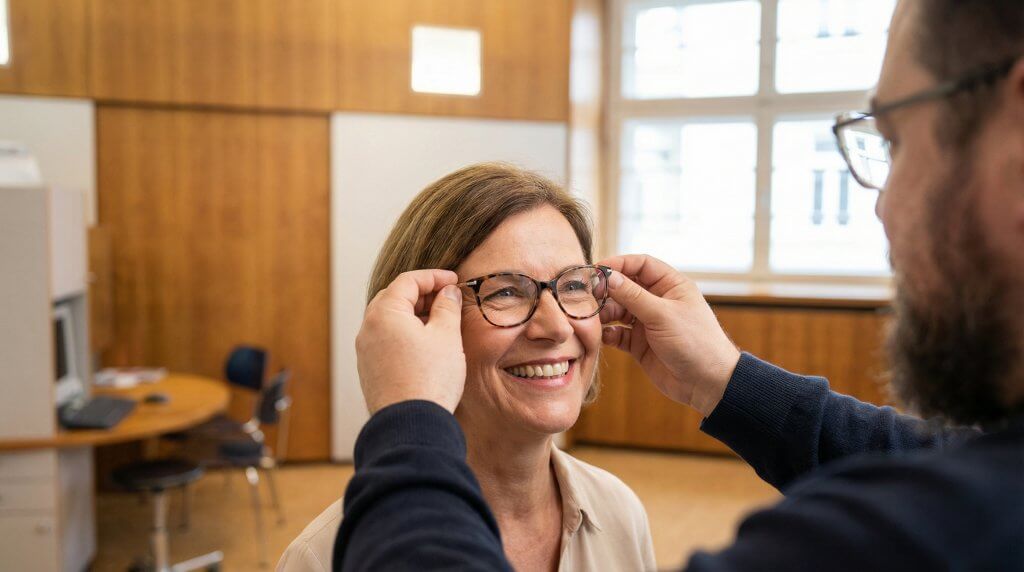 Eine lächelnde Frau probiert mit Unterstützung eines Optikers in einem hellen, holzvertäfelten Raum neue Brillen an