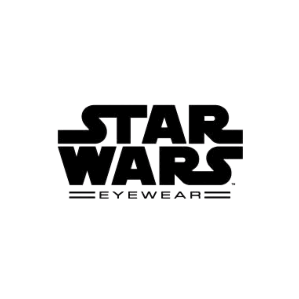 Das Star Wars Eyewear Logo zeigt fette schwarze Schrift auf weißem Hintergrund, wobei Eyewear unter dem Star Wars Schriftzug steht