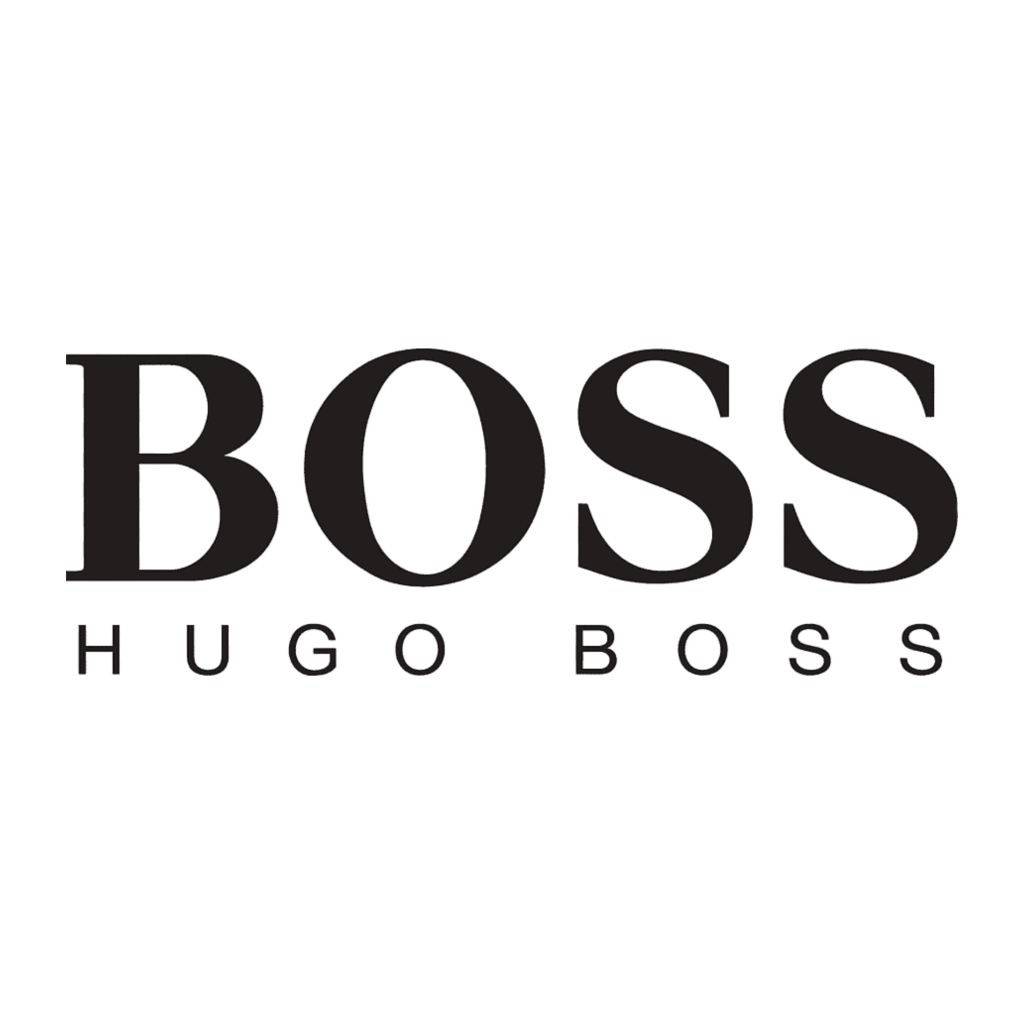 Schwarzer BOSS Schriftzug in fetten Großbuchstaben mit kleinem HUGO BOSS darunter, alles auf weißem Hintergrund
