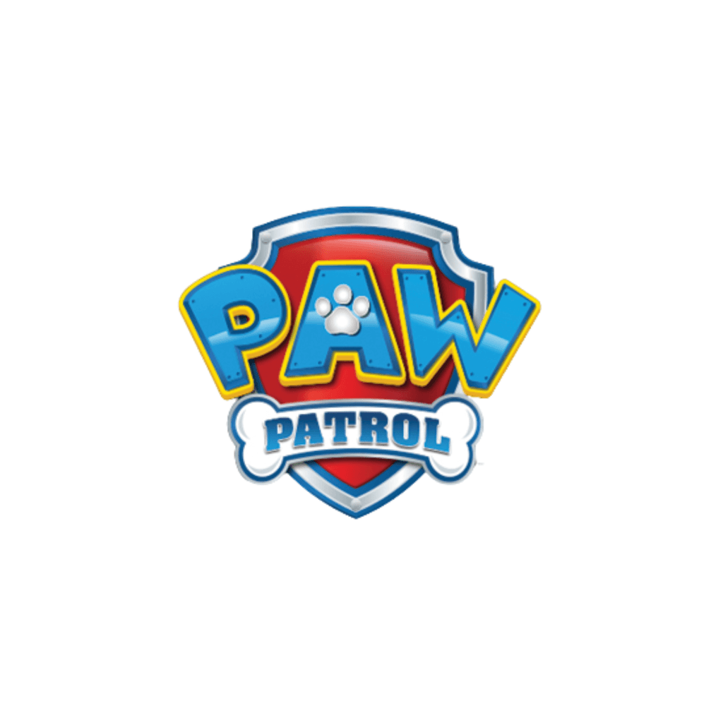 Das PAW Patrol-Logo mit blauen und gelben Buchstaben auf rotem Schild sowie einem weißen Knochen darunter
