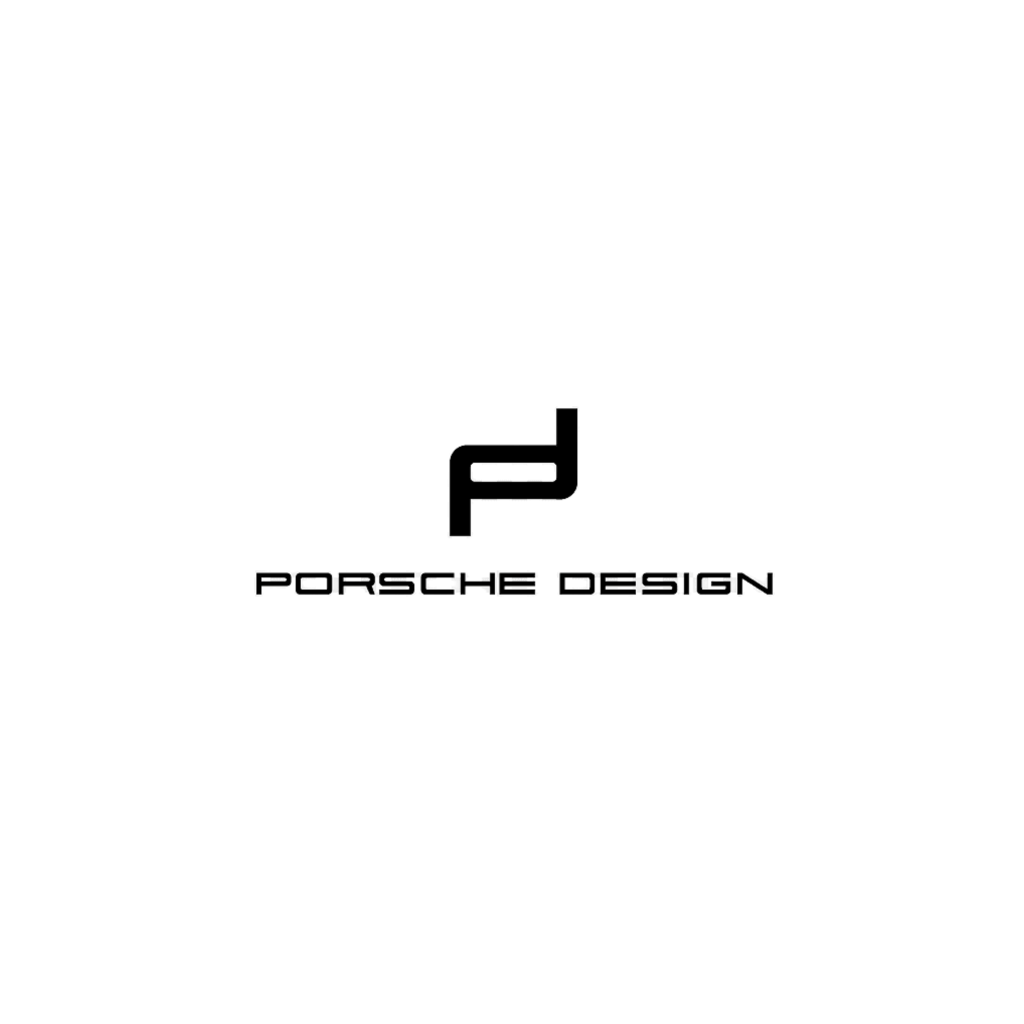 Minimalistisches Porsche Design Logo mit stilisiertem pd-Symbol über dem Schriftzug Porsche Design auf weißem Hintergrund