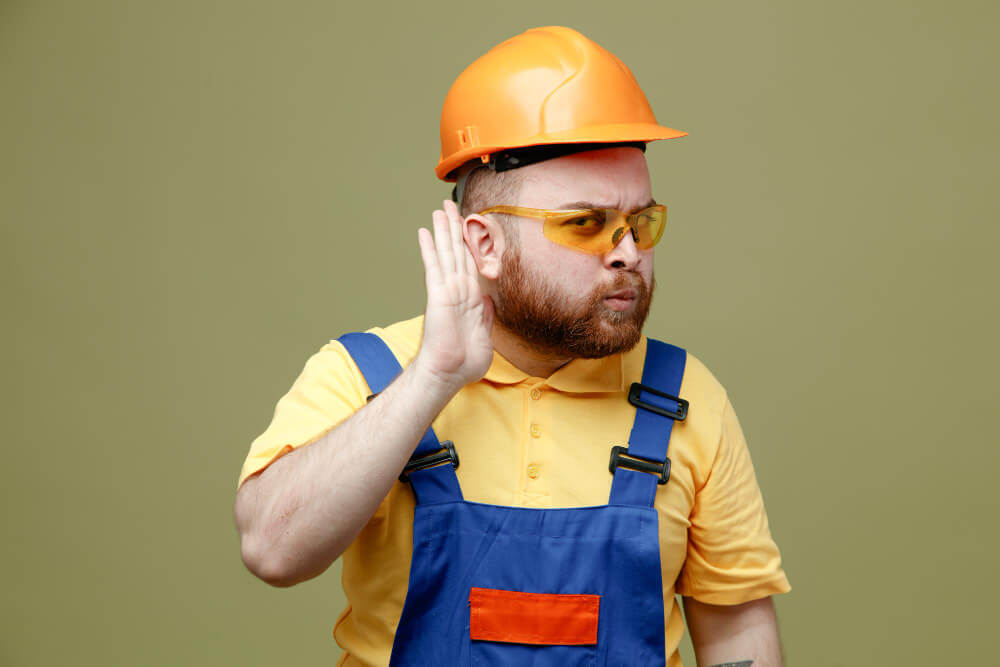 Bartträger mit orangem Schutzhelm und Overall hält die Hand ans Ohr, als würde er einen automatisch gespeicherten Entwurf hören, vor neutralem Hintergrund