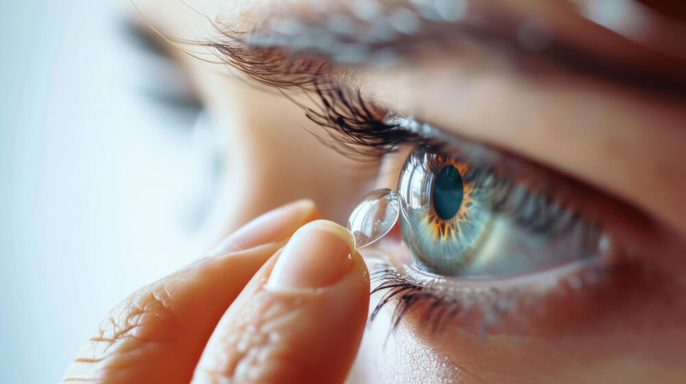 Eine Person setzt behutsam eine Kontaktlinse auf ein blaues Auge